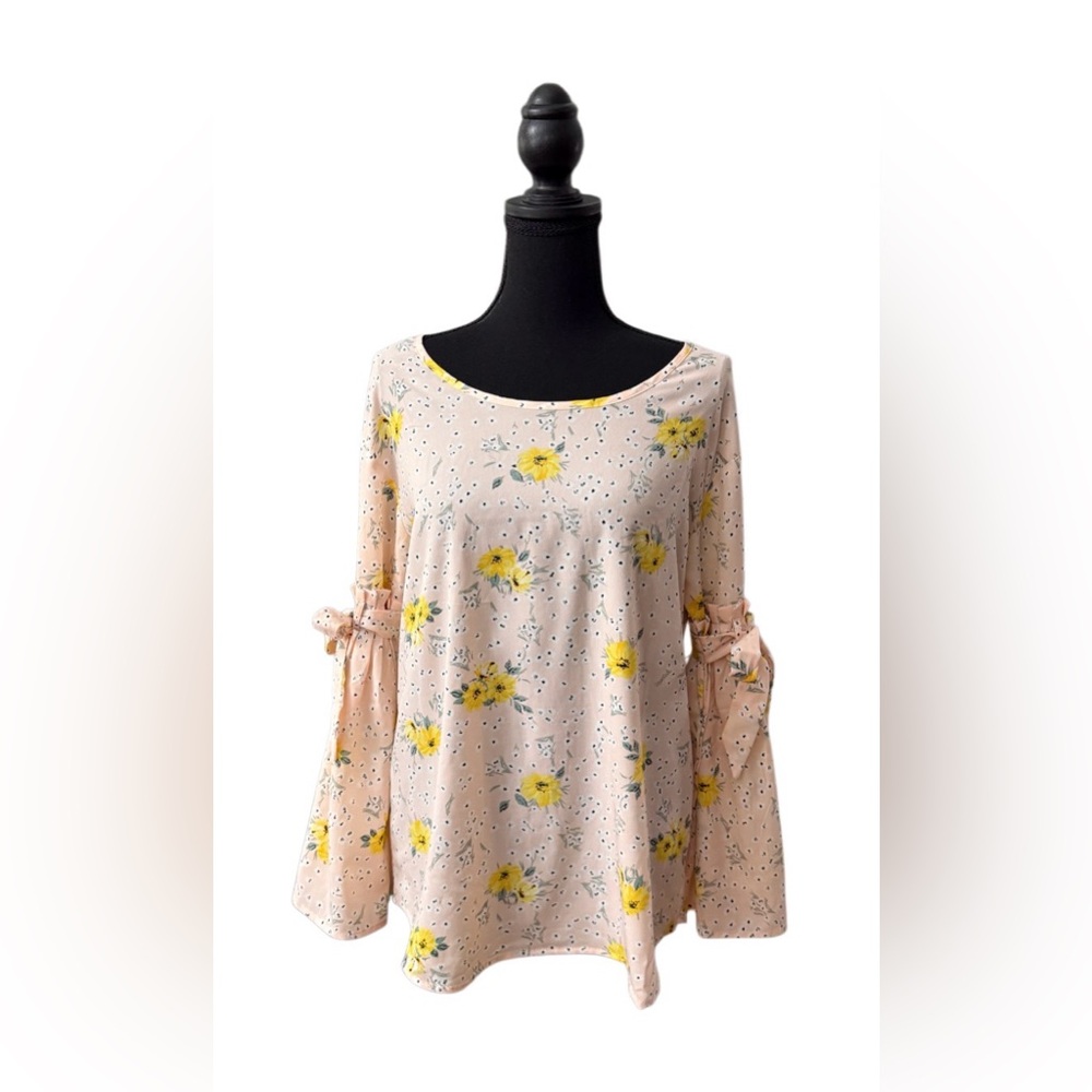 Seen and Be Seen Floral Print Cream with Yellow Blouse with Flare Sleeves